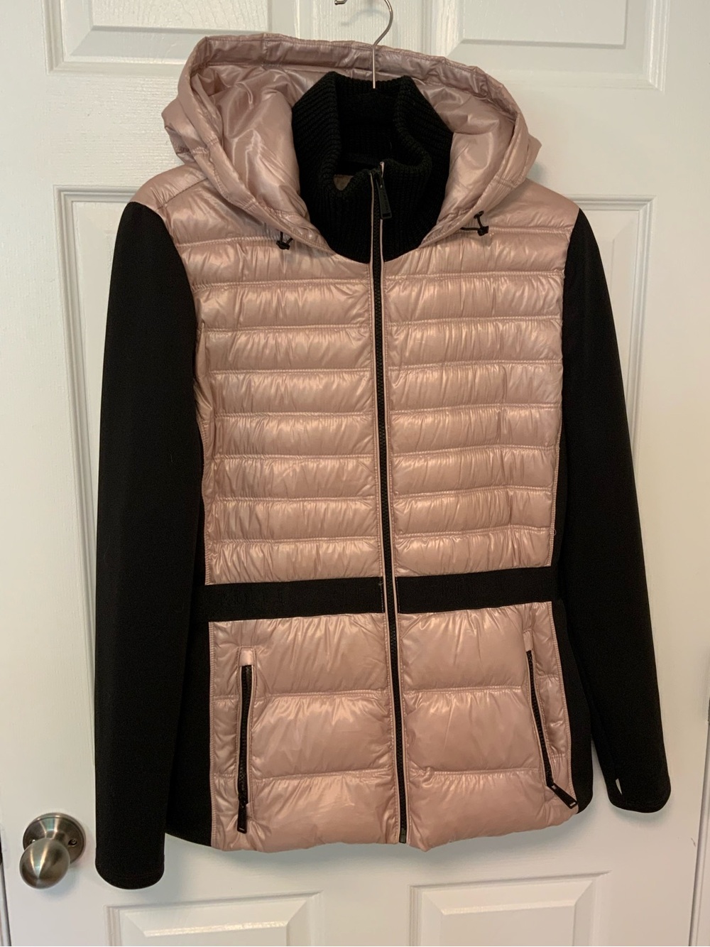 Calvin Klein Pink Puffer Hooded Jacket with Black Sleeves
